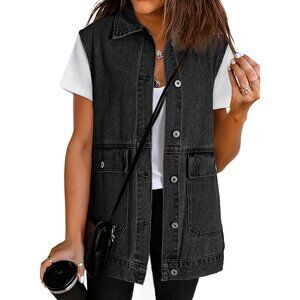 Women's Oversized Sleeveless Denim Vest Black Casual Jean Jacket